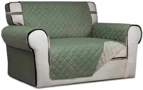 PureFit Reversible Quilted Sofa Cover, Water Resistant Slipcover Furniture Protector, Washable Couch Cover with Non Slip and Elastic Straps for Kids, Dogs, Pets (Oversized Chair, Greyish Green/Beige)
