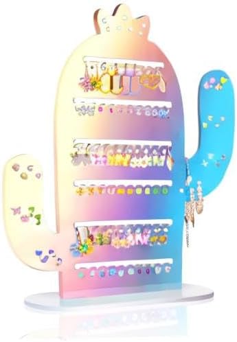 NiHome Cactus Iridescent Acrylic Earring Organizer, 11.2"x12.8", Earring Holder Organizer, Earring Stud Organizer, Plastic Clear Acrylic Earring Rack Holder Organizer for Girl Women