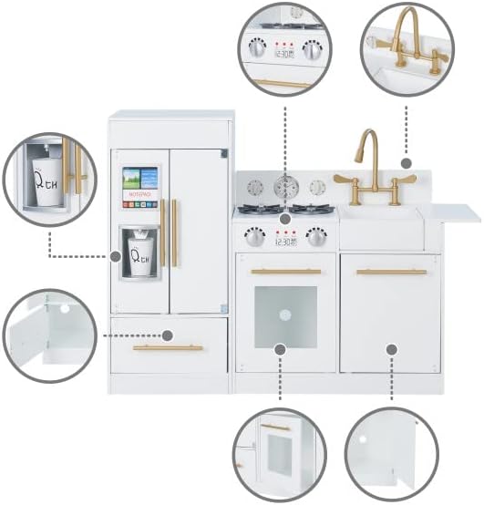 Teamson Kids Little Chef Charlotte Modern Modular Interactive Wooden Play Kitchen with Refrigerator, Stove and Sink in White with Gold Finishes