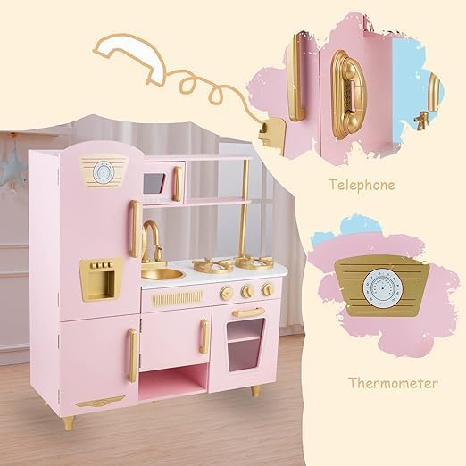 Kitchen Playset for Kids Ages 3-8, Wooden Pretend Play Kitchen for Toddlers, Including Telephone, Ice Maker, Refrigerator, Dimensions: 35” H x 31” W x 12” D (Pink)
