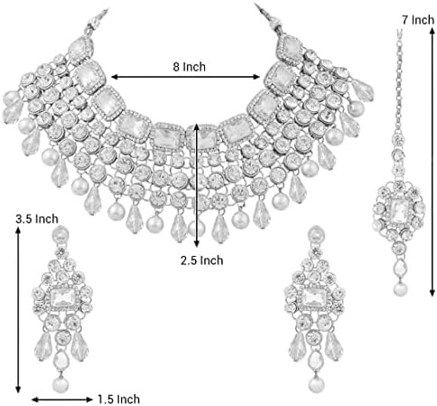 Aheli Kundan and Simulated Colored Stones Indian Ethnic Maang Tikka Necklace and Earrings Set Bollywood Festive Statement Jewelry Gift for Women