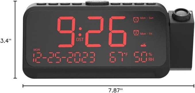 Projection Alarm Clock for Bedroom Ceiling, Digital Clock Projector with Weekday/Weekend Mode, Date, Temperature, Humidity, Type-C USB Charger, Night Light, Dual Alarms, DST, Dimmer,12/24H