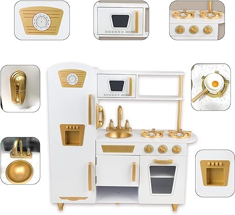 Kitchen Playset for Kids Ages 3-8, Wooden Pretend Play Kitchen for Toddlers, Including Telephone, Ice Maker, Refrigerator, Dimensions: 35” H x 31” W x 12” D (White)