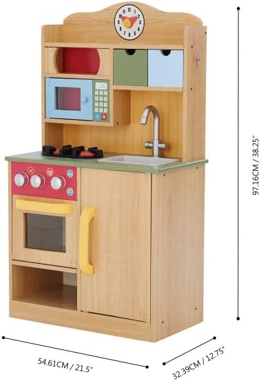 Teamson Kids Little Chef Florence Classic Interactive Wooden Play Kitchen with Accessories and Storage Space for Easy Clean Up, Wood Grain with Red and Yellow Accents
