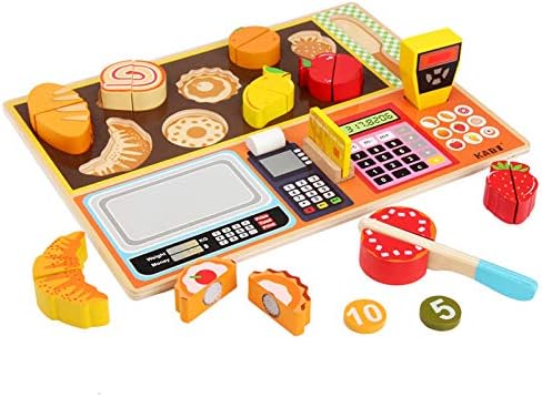 Wooden Play Food Set , Play Kitchen Food with Cutting Food Toys, Pretend Play Toy, for Toddlers Boys and Girls, Aged 3 4 5 6 (Dessert and Fruits Shop)
