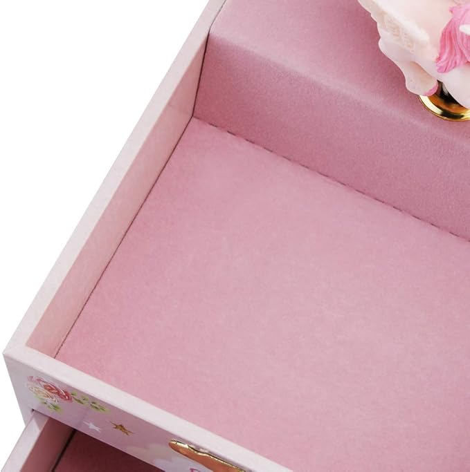 RR ROUND RICH DESIGN Kids Musical Jewelry Box for Girls with Drawer and Jewelry Set with Mysterious Unicorn - Over the Waves Tune Pink