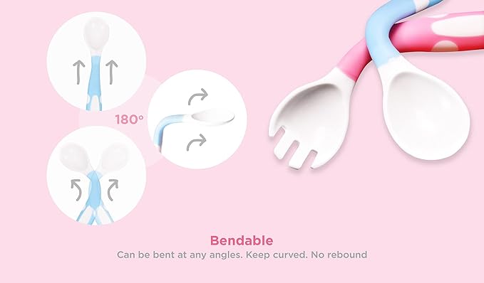 Bendable Baby and Toddler forks and spoons Utensils Silverware Set for Kids, 2 Sets (Pink/Pink) – Gum Friendly 2 Toddler Spoons and 2 Forks Self Feeding and Infant Baby Training and toddler silverware