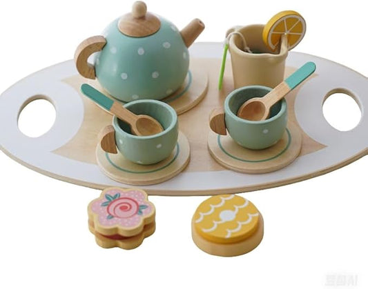 Wooden Tea Party Set for Girls Toys Pretend Play for Toddlers 3+ Years Old Girls and Boys Play Kitchen Accessories Wooden Princess Tea Time Party Food Toys