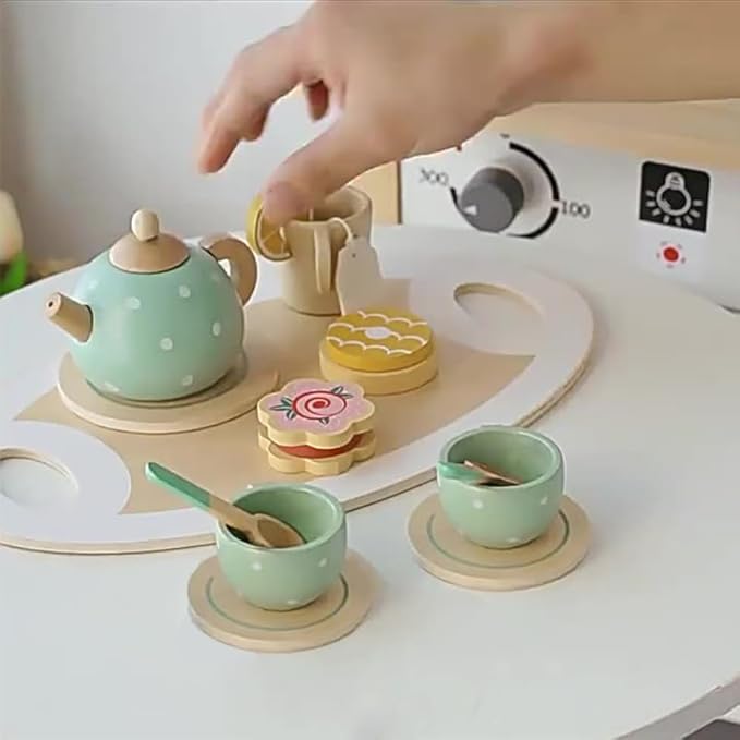 Wooden Tea Party Set for Girls Toys Pretend Play for Toddlers 3+ Years Old Girls and Boys Play Kitchen Accessories Wooden Princess Tea Time Party Food Toys