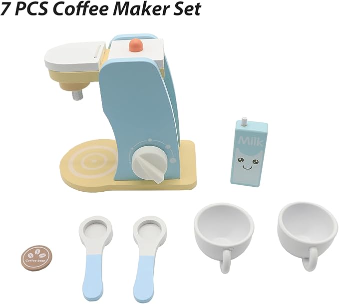 Wooden Coffee Maker Set Play Kitchen Accessories, Encourages Imaginative Playset Pretend Play Game for 3 4 5 6 7 Years Old Boys Girls, Early Education Coffee Machine for Kids Birthday Gift, 7 Pieces