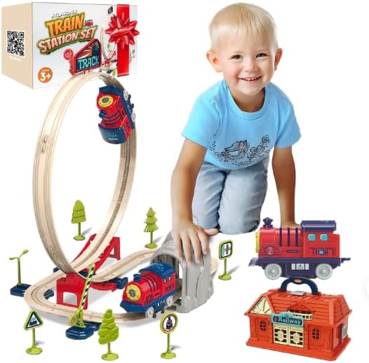 Electric Train Set for Toddlers 2-4 Kids Ages 3-5 - Railway Station with Loop, Bridge & Signs - DIY Montessori Educational Fun Trains Toy for Boys Girls Birthday Gift Train Set