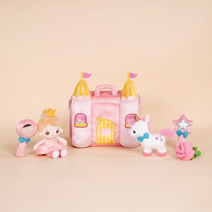 OUOZZZ Princess Castle Toys for 1-3 Year Old Girl Baby Doll Plush Toy House Stuffed Animal Toy Set - Sensory Educational Toys for 12-18 Months Infant - Fisrt Birthday Gifts for Toddler