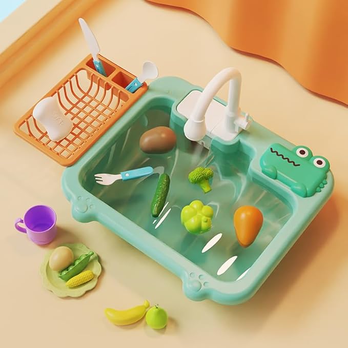 Toddler Sink Toy with Running Water, Play Sink with Electric Faucet & Play Kitchen Accessories, Bath Water Toys, Pretend Role Play Dishwasher Toys for Kids Preschool Toddlers Gifts
