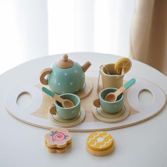Wooden Tea Party Set for Girls Toys Pretend Play for Toddlers 3+ Years Old Girls and Boys Play Kitchen Accessories Wooden Princess Tea Time Party Food Toys