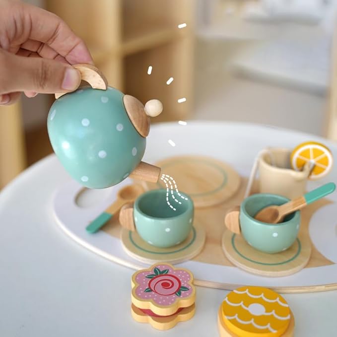 Wooden Tea Party Set for Girls Toys Pretend Play for Toddlers 3+ Years Old Girls and Boys Play Kitchen Accessories Wooden Princess Tea Time Party Food Toys