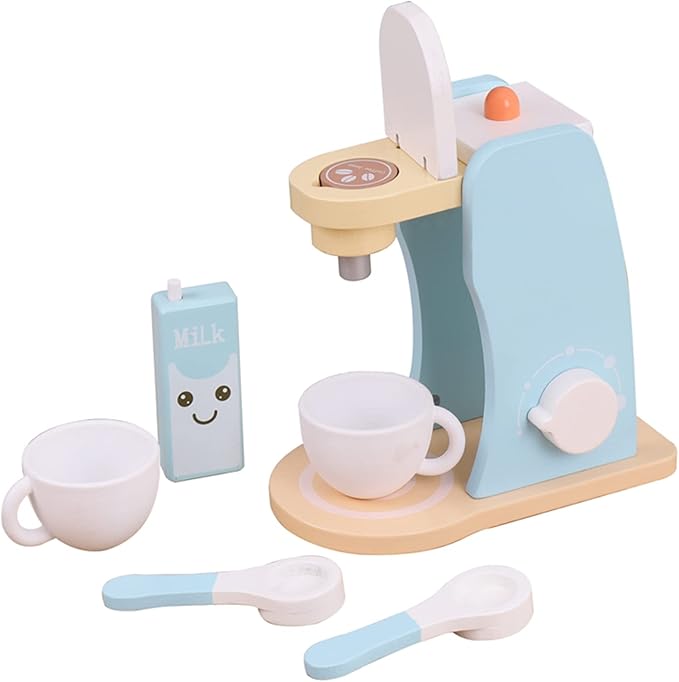 Wooden Coffee Maker Set Play Kitchen Accessories, Encourages Imaginative Playset Pretend Play Game for 3 4 5 6 7 Years Old Boys Girls, Early Education Coffee Machine for Kids Birthday Gift, 7 Pieces