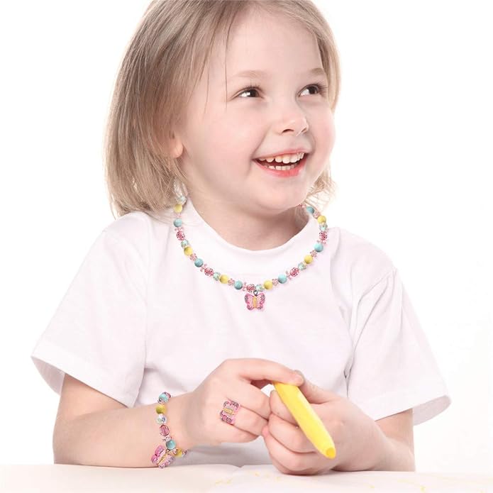 3 Sets Girl Princess Necklace Bracelet Ring Kids Stretchy Jewelry Gift Unicorn Butterfly Necklace Bracelets Rings Party Favors Dress up Jewelry for Little Girl Toddler(with Gift Box)