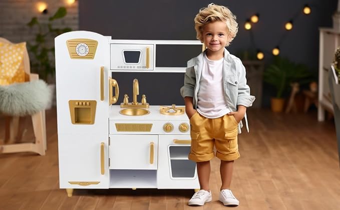 Kitchen Playset for Kids Ages 3-8, Wooden Pretend Play Kitchen for Toddlers, Including Telephone, Ice Maker, Refrigerator, Dimensions: 35” H x 31” W x 12” D (White)