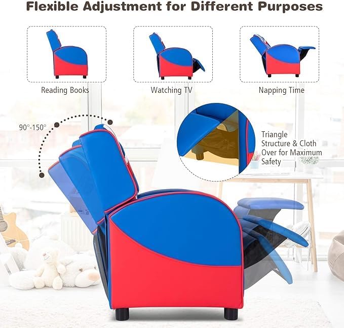 MEDIMALL Ergonomic Children's Recliner Chair with Side Pockets and Adjustable Footrest, Made of PU Leather Material, with Soft Cushions for Children's Recliner, Suitable for Children Aged 3-9