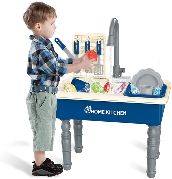 Play Kitchen Sink Toys with Running Water, Toddler Electric Dishwasher Playing Toy with Cutting Foods, 33 PCS Pretend Role Play Accessories Set, Learning Gift for Girls Boys (Blue)