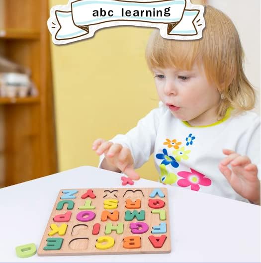 Attmu Wooden Puzzles for Toddlers 1 2 3 4 5 Year Old, Alphabet Puzzle Number Puzzle Shape ABC Puzzle, 3 in 1 Preschool Educational Learning Toys with Puzzle Board for Girls Boys Set of 3