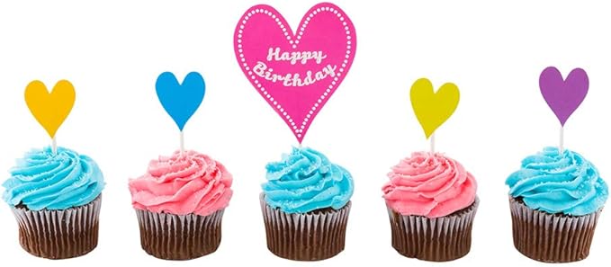 Restaurantware Top Cake 6.3 x 3 Inch Happy Birthday Cupcake Topper 10 Piece Assorted Happy Birthday Cupcake Picks - Colorful Birthday Party Cake Decoration Supplies Paper Heart Cupcake Toppers