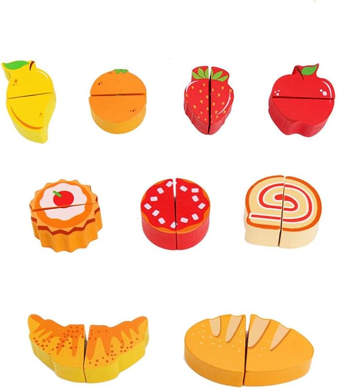 Wooden Play Food Set , Play Kitchen Food with Cutting Food Toys, Pretend Play Toy, for Toddlers Boys and Girls, Aged 3 4 5 6 (Dessert and Fruits Shop)