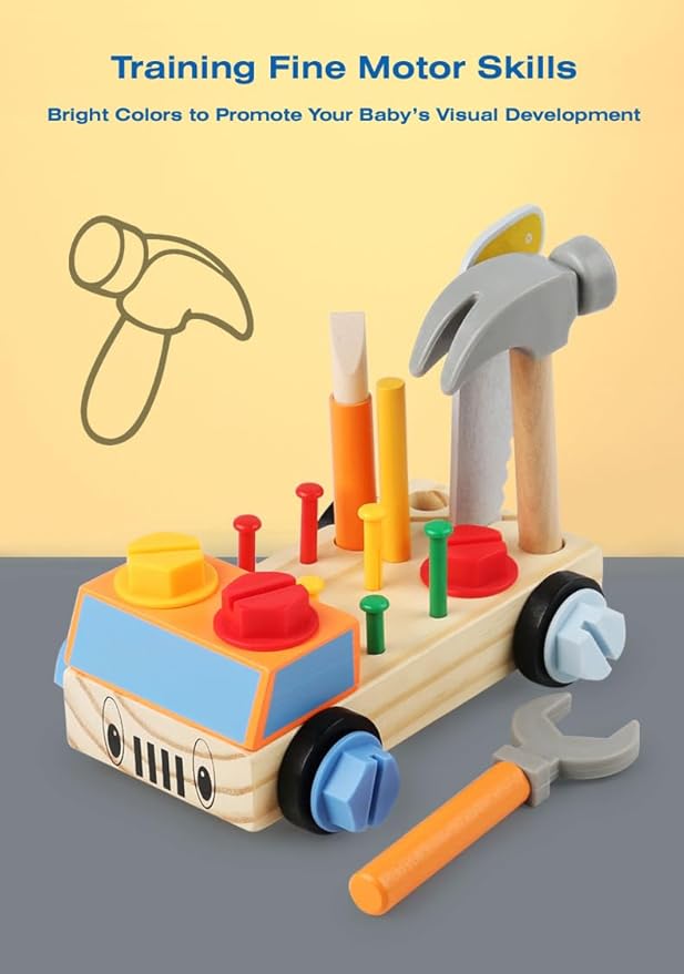 STEM Montessori Wooden Construction Toy Car Set with Real Tools for Kids Ages 3+ | Early Educational Building Kit, Fine Motor Skills Activity Gift for Boys & Girls