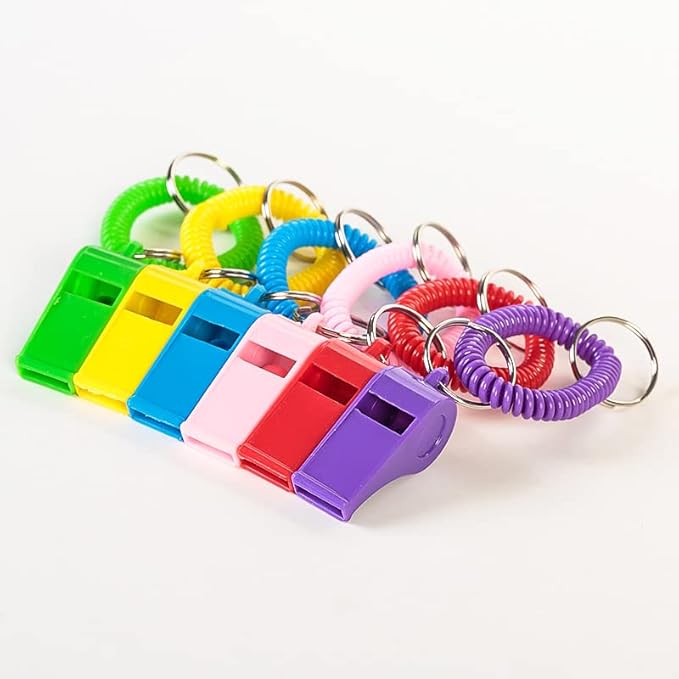 Whistle Bracelets with Keychain, Set of 24, Plastic Whistle Bracelets, Assorted Colors, for Sports Party Favors, School Sports Supplies, Great Party favor, Goody Bag Fillers