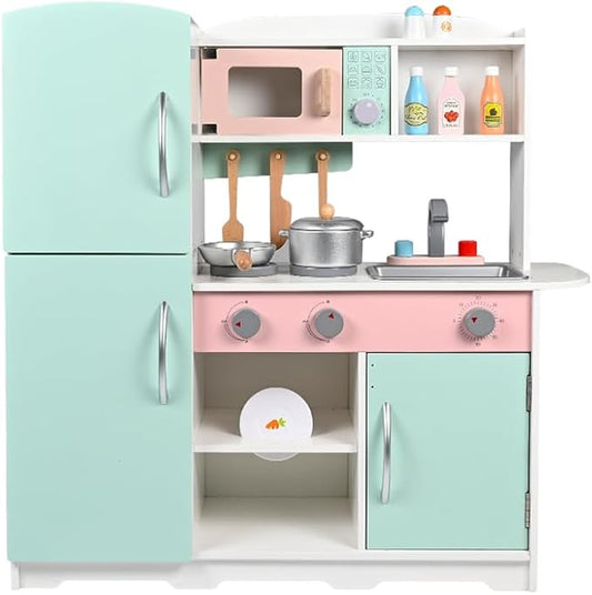 Wooden Play Kitchen Toy Kitchen Set with Stove,Oven,Sink,Fridge and 11 Pcs Kitchen Playset Accessories, Play Kitchen Sets for Kids,Toddler Kitchen Playset,Montessori Toys for Kids 4-8 Year Boys&Girl
