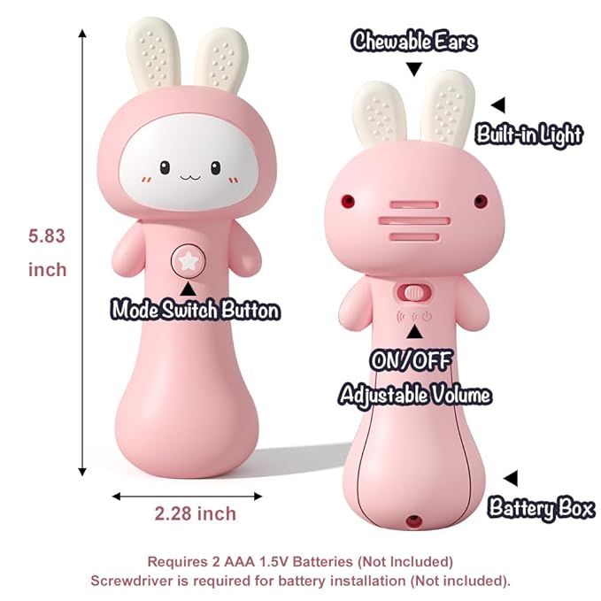 VKTEN Bunny Baby Rattle Toy with Light & Sound – Interactive Teething & Sensory Toy – Ideal Easter Basket Stuffer for Baby 3-24 Months