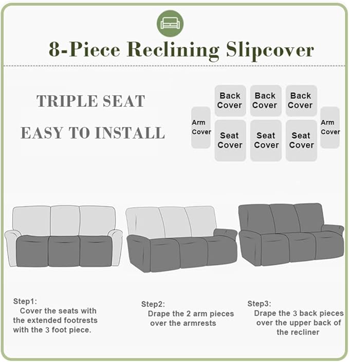 vctops 8 Pieces Jacquard Plush Recliner Sofa Covers Stretch Soft 3 Seats Couch Cover Anti-Slip Solid Color Sofa Slipcover Furniture Protector with Elastic Bottom for Kids Pet (Light Grey,3 Seat)