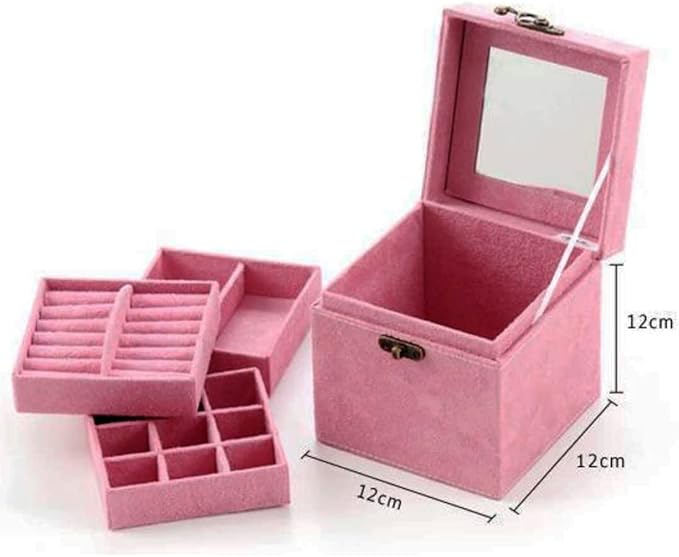 Little Girl Kids 3 Layer Lint Jewelry Box with Mirror and 35 Pieces Girl Princess Jewelry Dress Up Accessories Toy Playset Set