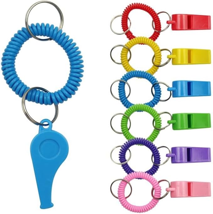 Whistle Bracelets with Keychain, Set of 24, Plastic Whistle Bracelets, Assorted Colors, for Sports Party Favors, School Sports Supplies, Great Party favor, Goody Bag Fillers