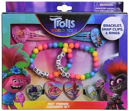 World Tour Best Friends Accessory 6 Piece Set for Kids, with Snap Clip Barrettes, Best Friends Bracelets, and Rings.