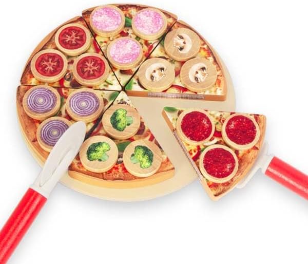 Cutting Play Food Toy for Kids Kitchen,Wooden Pizza Set Pretend Play Kitchen Accessories,Learning Toy Birthday Gifts for Boys Girls Toddlers (6 pcs Set)