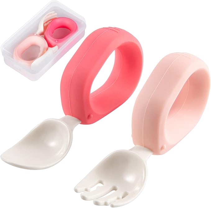 Baby Self Feeding Training Spoon and Fork Set with Travel Case, BPA-Free Cute Circle Toddler Training Utensils, Silicone/ABS Great Tableware Set Spoons Fork for Kids (Pink& Light Pink)