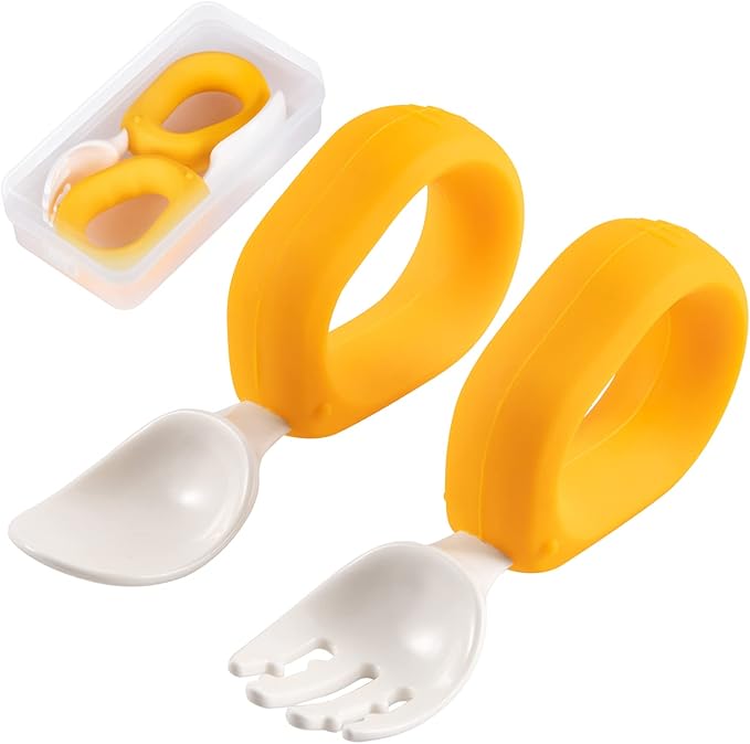 Baby Self Feeding Training Spoon and Fork Set with Travel Case, BPA-Free Cute Circle Toddler Training Utensils, Silicone/ABS Great Tableware Set Spoons Fork for Kids(Yellow)