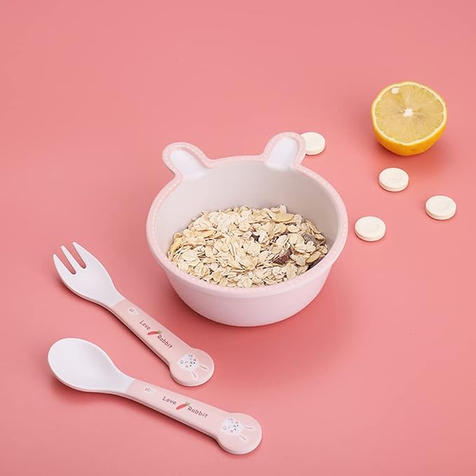 Bamboo Kids Dinnerware Set 5 Pcs Includes Plate Bowl Cup Fork Spoon Perfect for Kids BPA-Free (Rabbit)