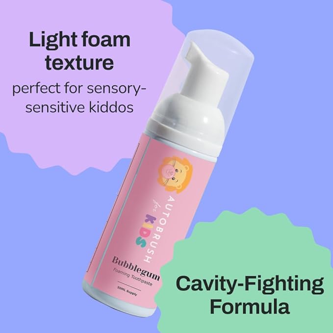 autobrush Kids Fluoride-Free Foaming Toothpaste Bubblegum Flavor for Electric or U-Shaped Toothbrush, SLS-Free, Training Toothpaste, Anti-Cavity (3 Pack)
