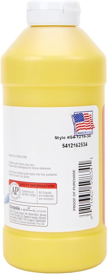 Crayola Premier Tempera Paint For Kids - Yellow (16oz), Kids Classroom Supplies, Great For Arts & Crafts, Non Toxic, Easy Squeeze Bottle