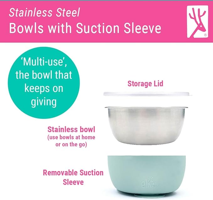 Elk and Friends Stainless Steel Bowls with Silicone Sleeve for Babies & Toddlers | Lids Included | Stay Put Suction | Cereal & Snack Bowls | 4 Pack