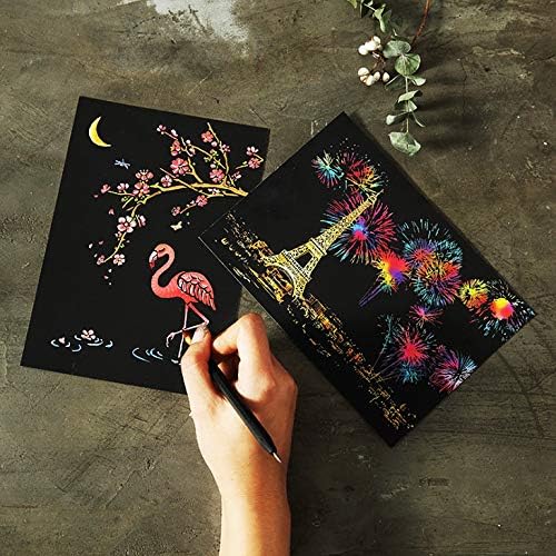 Magic Scratch Art Paper(7.9"x5.5"), Rainbow Landscape Engraving Art Mini Scratchboard Pads for Adults and Kids, Art & Crafts Set: 12 Sheets Scratch Postcard Cards & Drawing Pens, Brush (City Living)