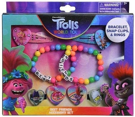 World Tour Best Friends Accessory 6 Piece Set for Kids, with Snap Clip Barrettes, Best Friends Bracelets, and Rings.