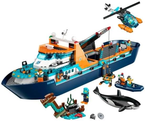 LEGO City Arctic Explorer Ship 60368 Building Toy Set, Fun Toy Gift for 7 Year Old Boys and Girls, with a Floatable Boat, Helicopter, Dinghy, ROV Sub, Viking Shipwreck, 7 Minifigures and an Orca
