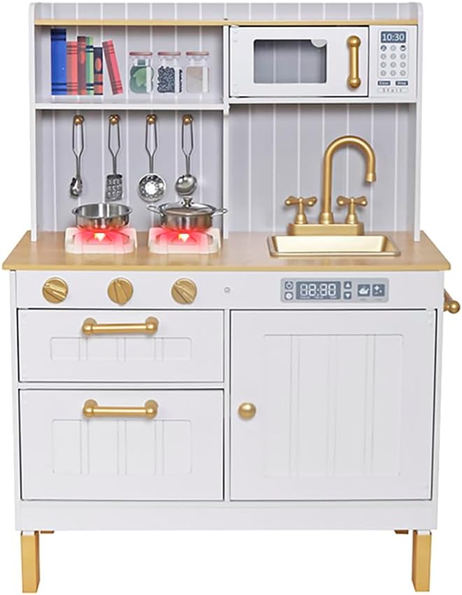 Wooden Toddlers Kitchens Playsets with 6pcs Cooking Kitchen Sets|Kids Play Kitchens with Cooking Pans,Pots,Stove&Sink|Mini Baby Kitchen Toys with Lights&Sounds for Kids Ages 1+Boys Girls…