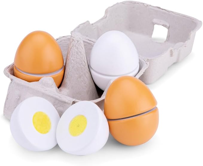 New Classic Toys Wooden Pretend Play Toy for Kids Four Wooden Eggs Cooking Simulation Educational Toys and Color Perception Toy for Preschool Age Toddlers Boys Girls, 4 Pieces - cuttable