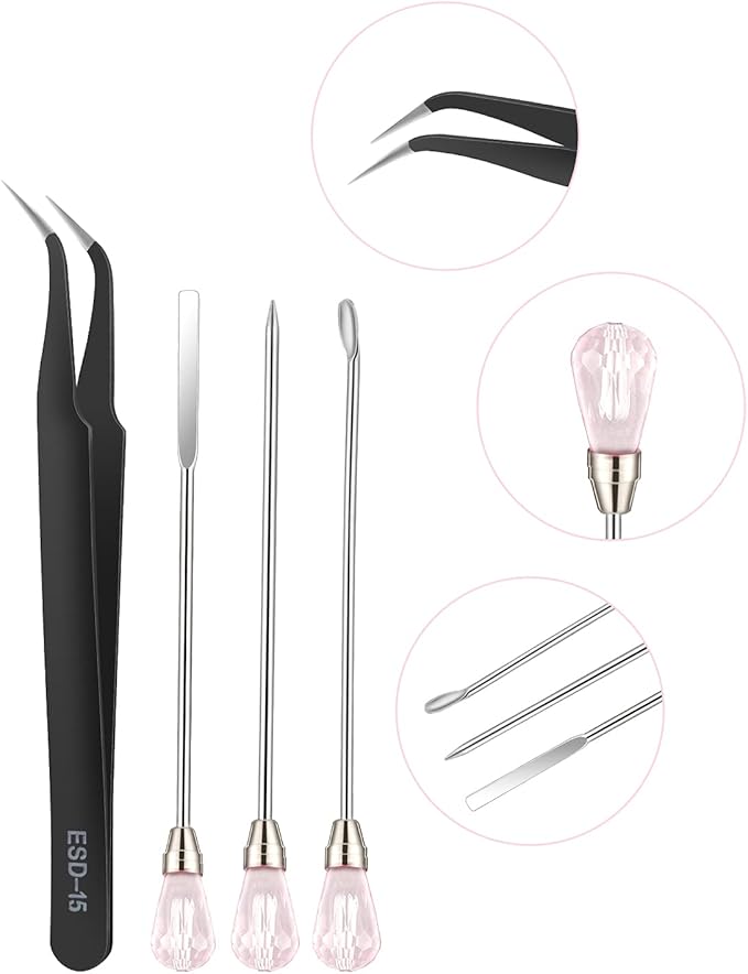 11 Pcs Resin Spoon Tools Kit-Metal Stir Sticks Resin Spoons Poke Needle with Anti-Static Stainless Steel Precision Tweezers Set for Resin Crafts,Jewelry Making,DIY Epoxy Silicone Resin Molds(Pink)
