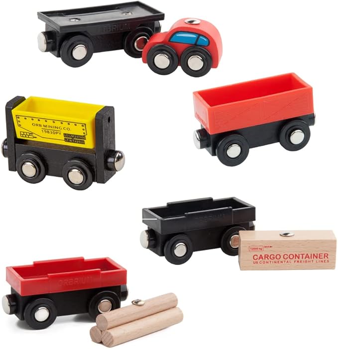 Orbrium Toys 5 Cargo Train Car Set for Wooden Railway Fits Thomas The Tank Engine Chuggington Brio
