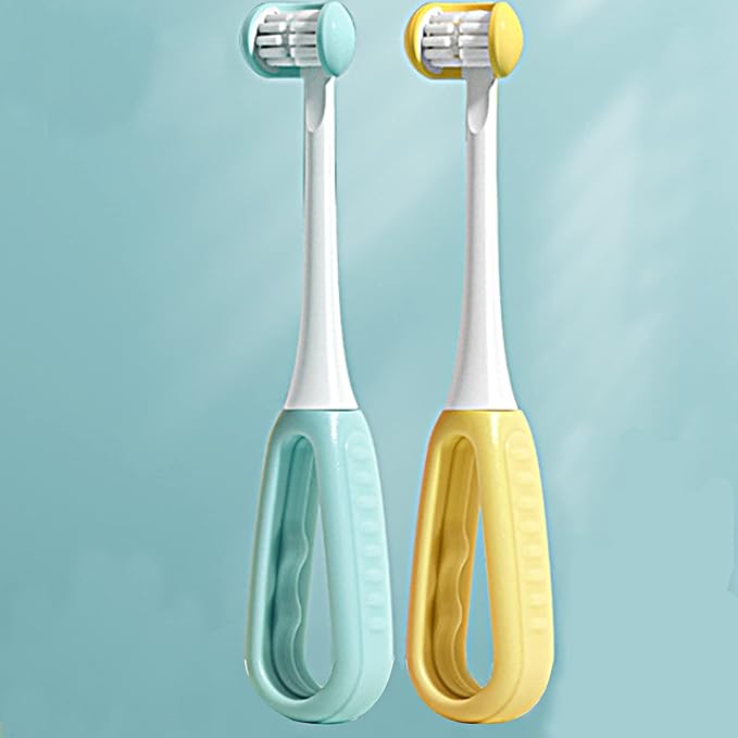 2 Pieces 3 Sided Toddler Toothbrush, Three Bristles for Kids Toothbrush, Autism Soft Bristles Toothbrush,Soft and Gentle for Complete Tooth and Gum Care (C2(Blue+Yellow) Kids)